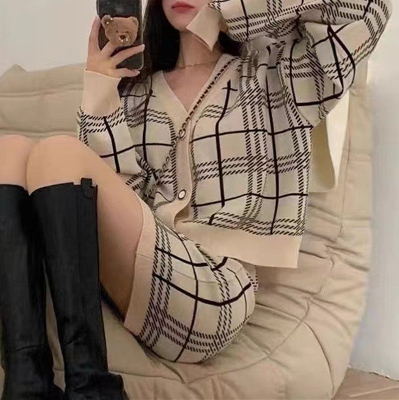 Women's Checkered Knitted Two-Piece Set Chic Long-Sleeve Sweater & Short Skirt Outfit