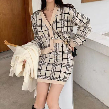 Women's Checkered Knitted Two-Piece Set Chic Long-Sleeve Sweater & Short Skirt Outfit