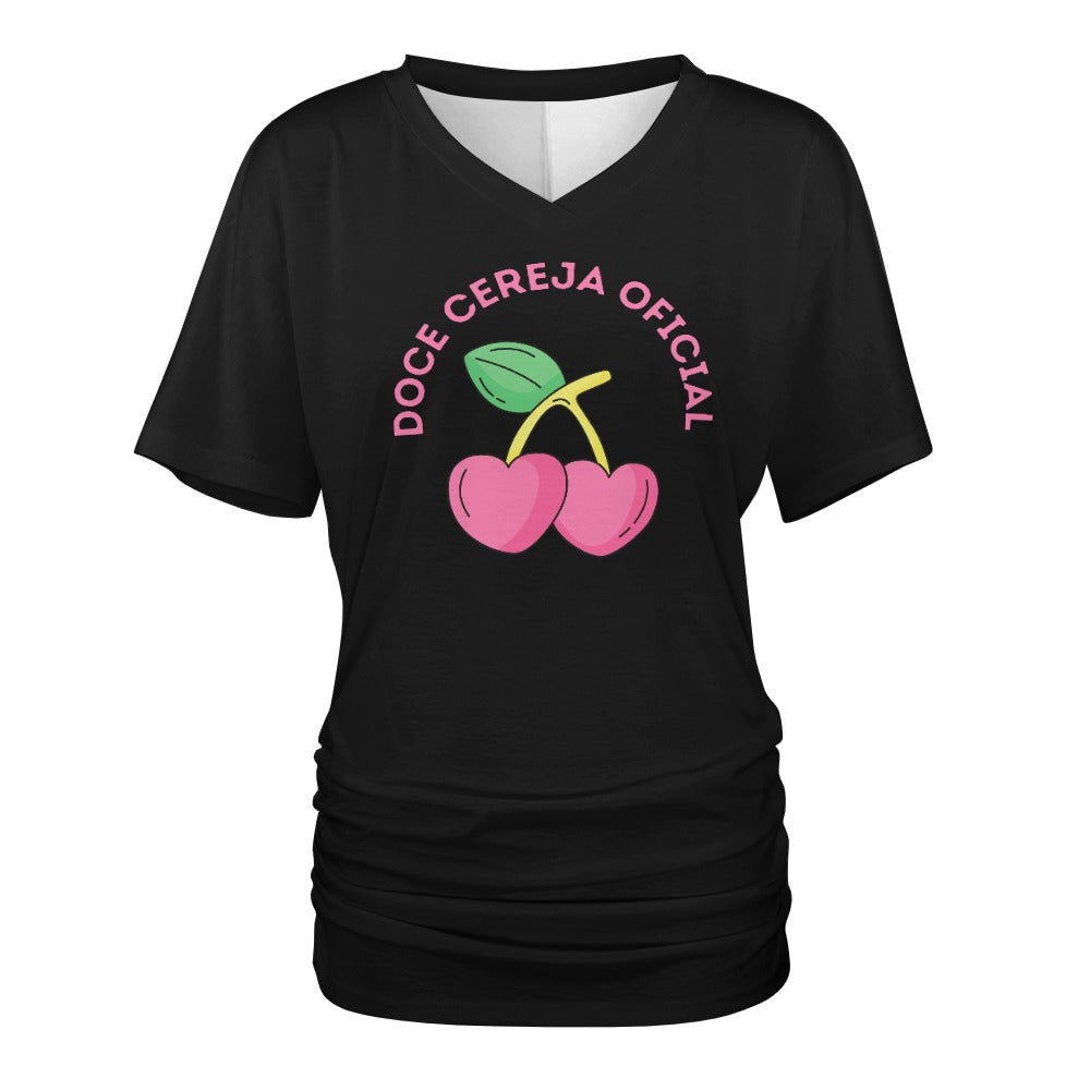 V-Neck Pleated T-Shirt  Doce Cereja Oficial
