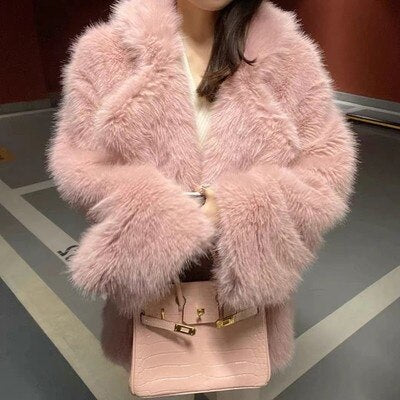 Women's Faux Fur Coat  Mid-Length Loose-Fit Winter Jacket with Lapel Collar