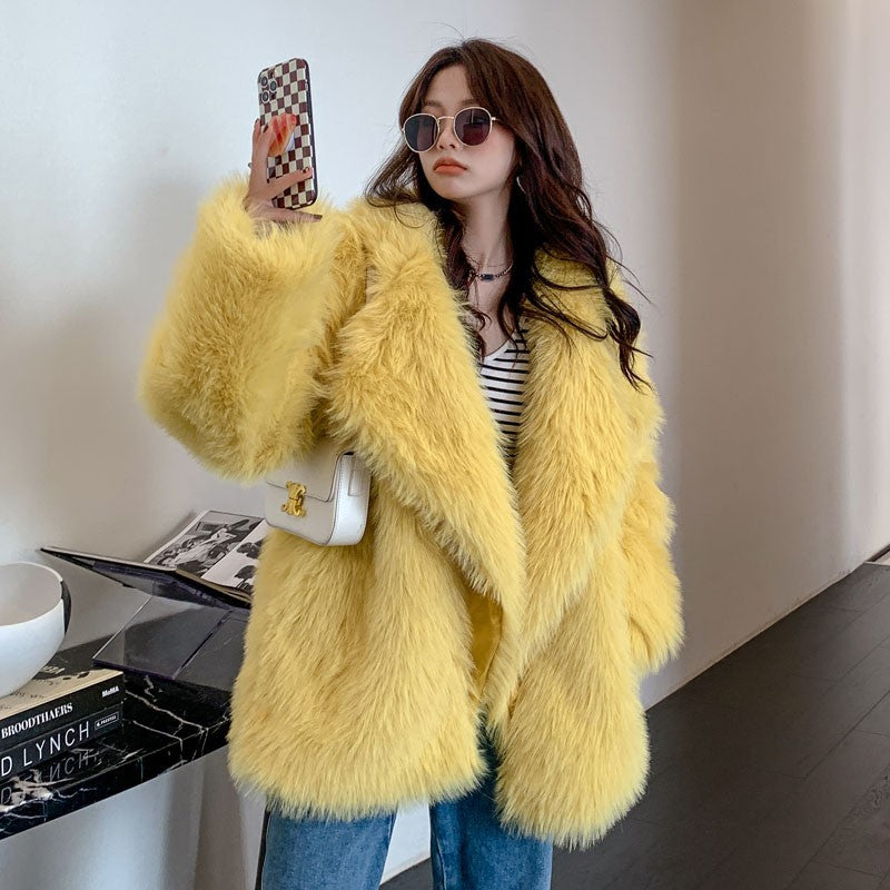 Women's Winter Faux Fur Coat Short Jacket with Luxurious Faux Fox Fur Collar