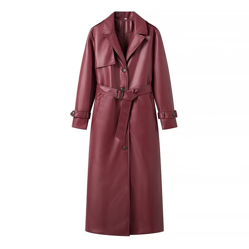 Women's Plus Size Long Leather Trench Coat  Elegant and Casual PU Windbreaker Jacket