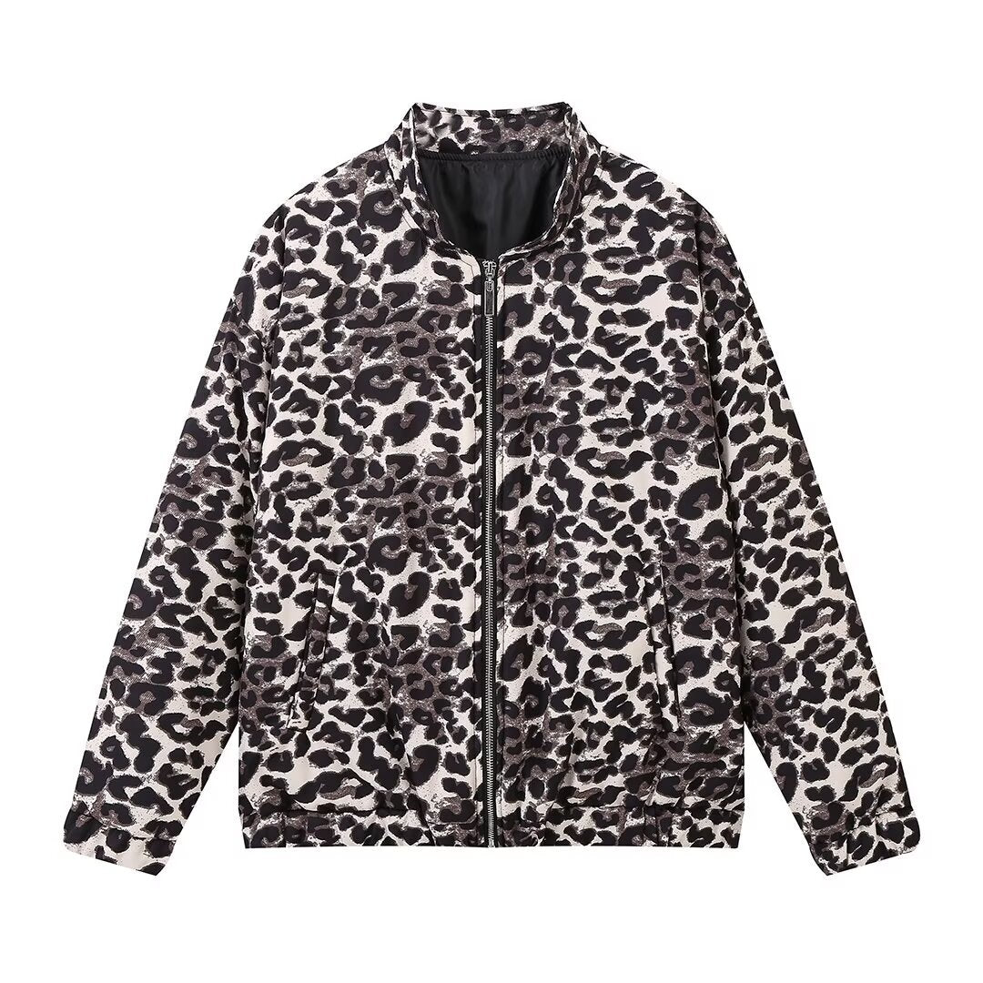 Women's Retro Leopard Print Jacket Casual Loose-Fit Cotton Jacket with Zipper and Pockets