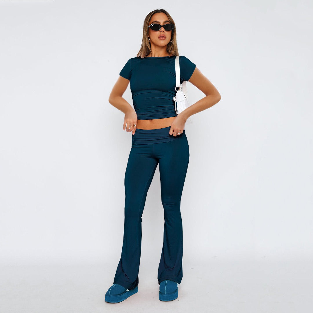 Women's Solid Color Flare Pants Set  Stylish Low-Waist Slimming Outfit for a Trendy Look