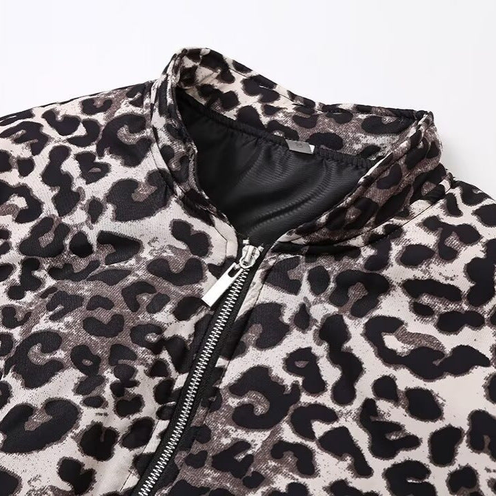 Women's Retro Leopard Print Jacket Casual Loose-Fit Cotton Jacket with Zipper and Pockets