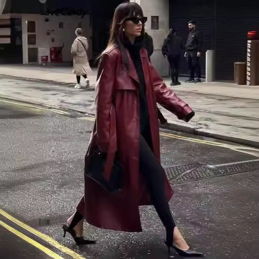 Women's Plus Size Long Leather Trench Coat  Elegant and Casual PU Windbreaker Jacket