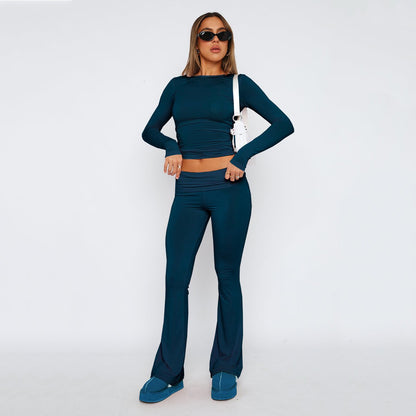 Women's Solid Color Flare Pants Set  Stylish Low-Waist Slimming Outfit for a Trendy Look