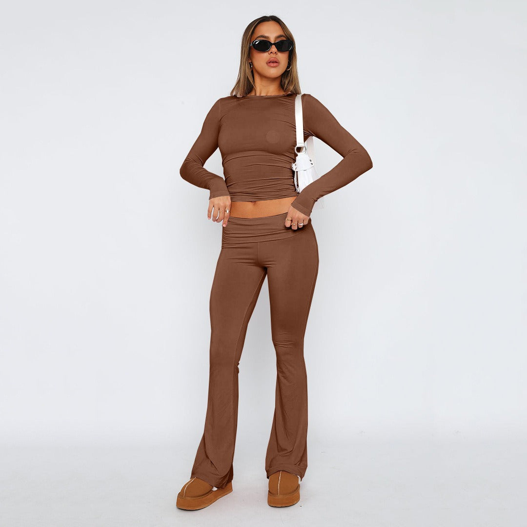 Women's Solid Color Flare Pants Set  Stylish Low-Waist Slimming Outfit for a Trendy Look