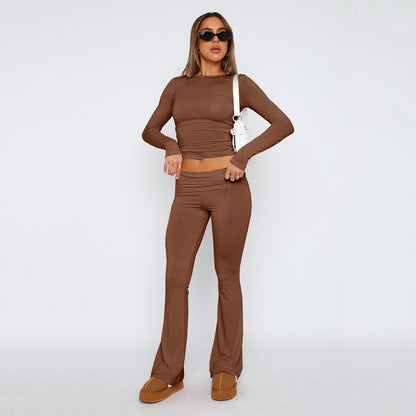 Women's Solid Color Flare Pants Set  Stylish Low-Waist Slimming Outfit for a Trendy Look