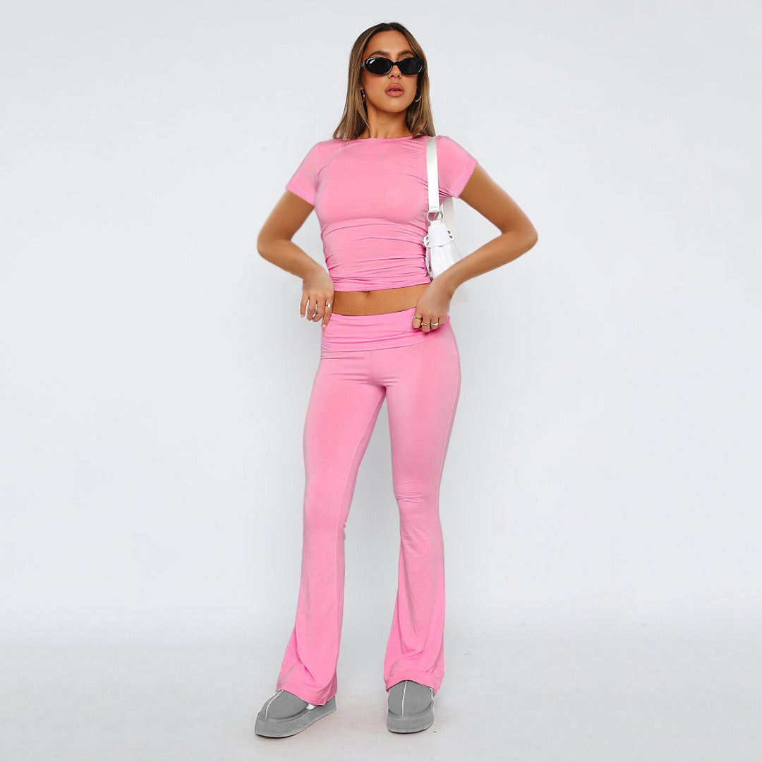 Women's Solid Color Flare Pants Set  Stylish Low-Waist Slimming Outfit for a Trendy Look