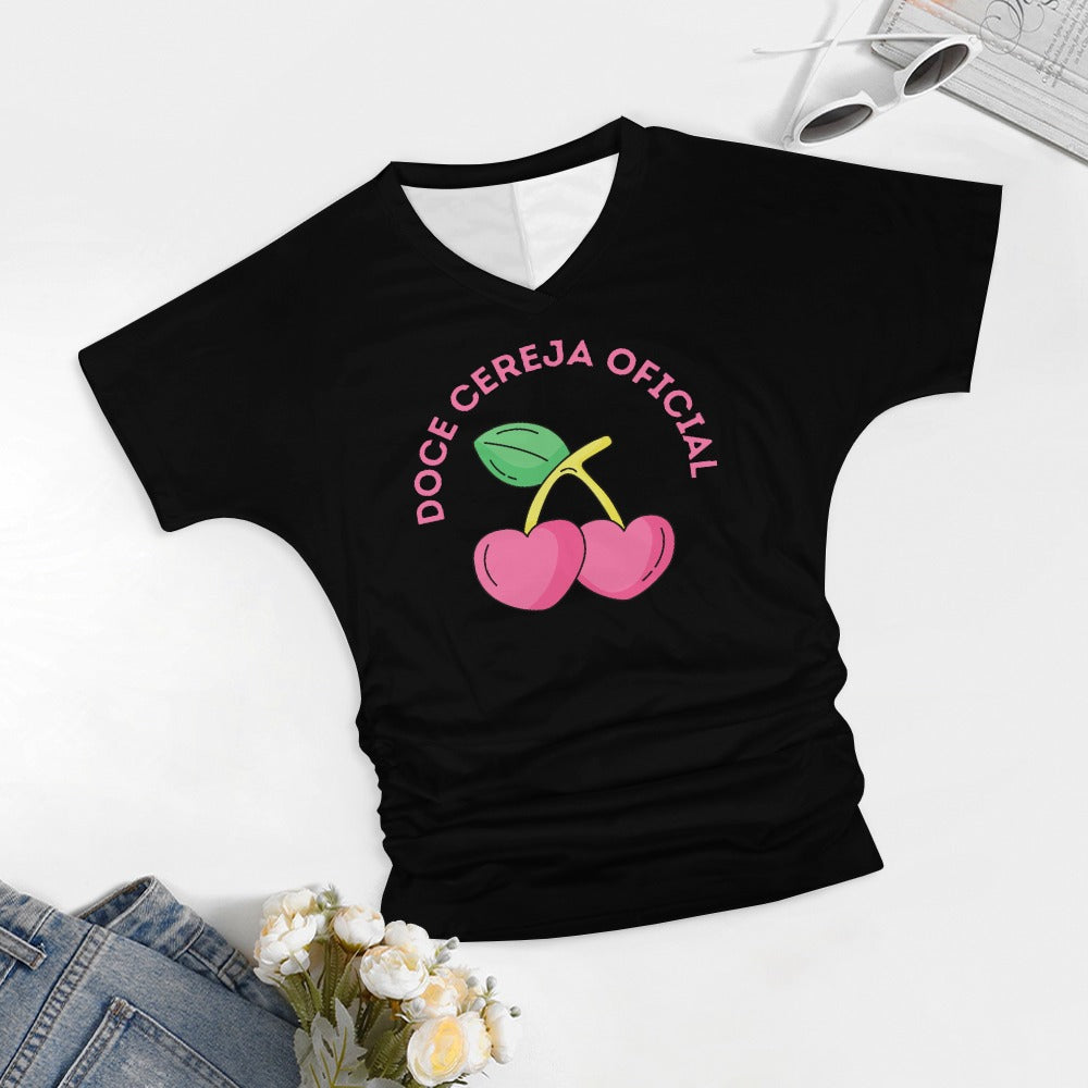 V-Neck Pleated T-Shirt  Doce Cereja Oficial