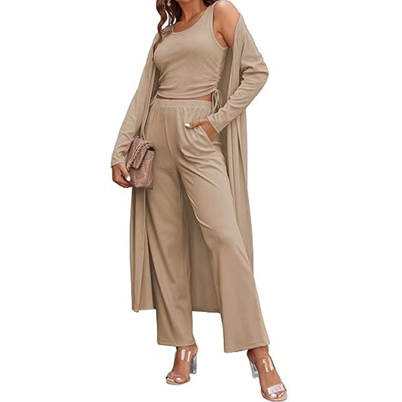 Women's 3-Piece Knit Set Long Cardigan, Drawstring Pants & Vest for Effortless Elegance