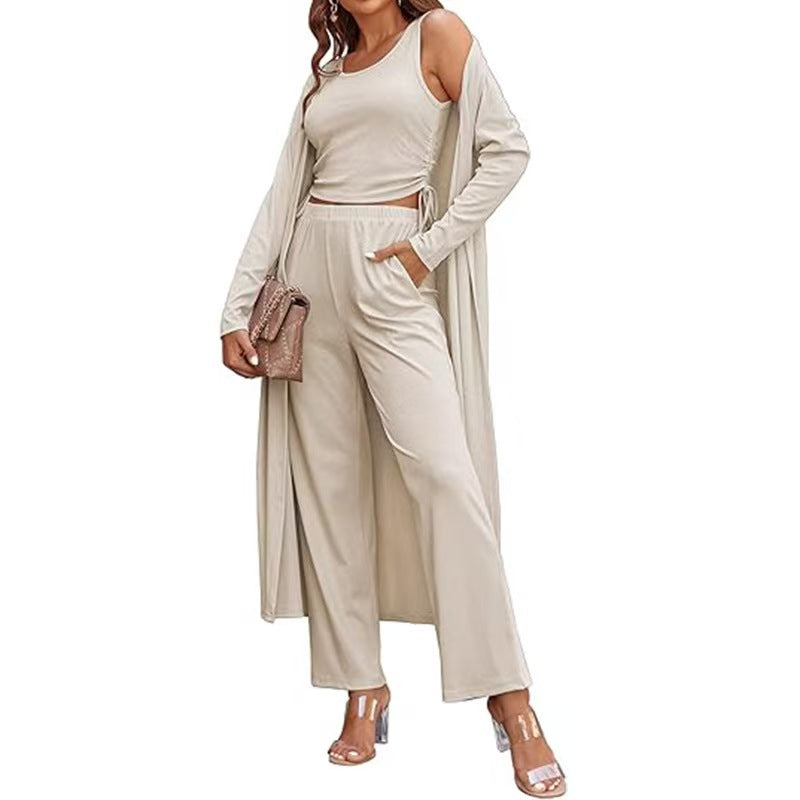 Women's 3-Piece Knit Set Long Cardigan, Drawstring Pants & Vest for Effortless Elegance