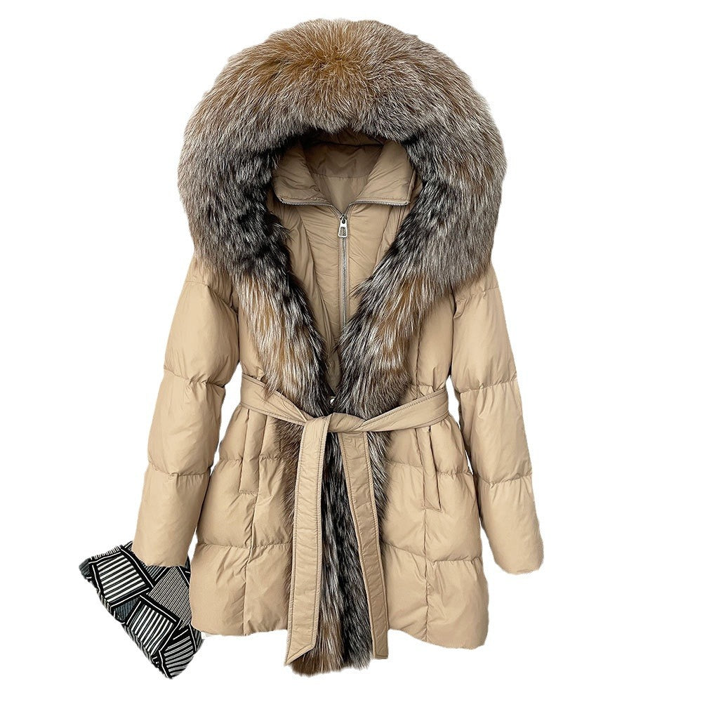 Hooded down jacket women's fox fur collar