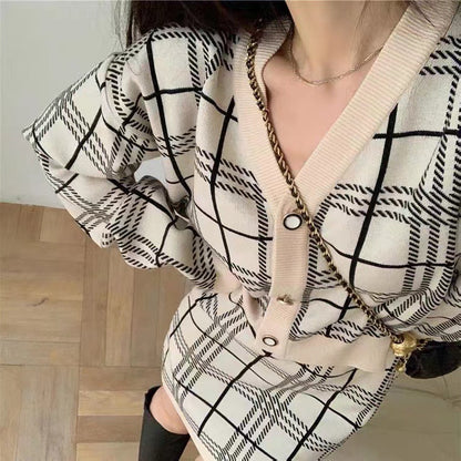 Women's Checkered Knitted Two-Piece Set Chic Long-Sleeve Sweater & Short Skirt Outfit