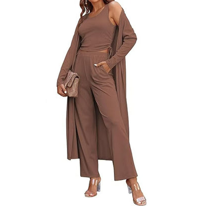 Women's 3-Piece Knit Set Long Cardigan, Drawstring Pants & Vest for Effortless Elegance