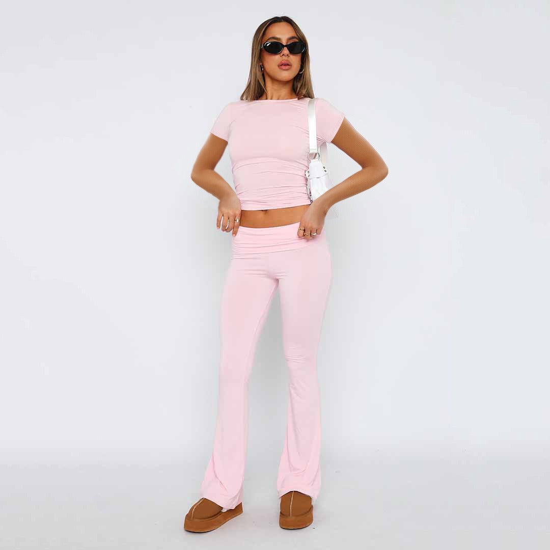 Women's Solid Color Flare Pants Set  Stylish Low-Waist Slimming Outfit for a Trendy Look