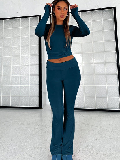 Women's Solid Color Flare Pants Set  Stylish Low-Waist Slimming Outfit for a Trendy Look