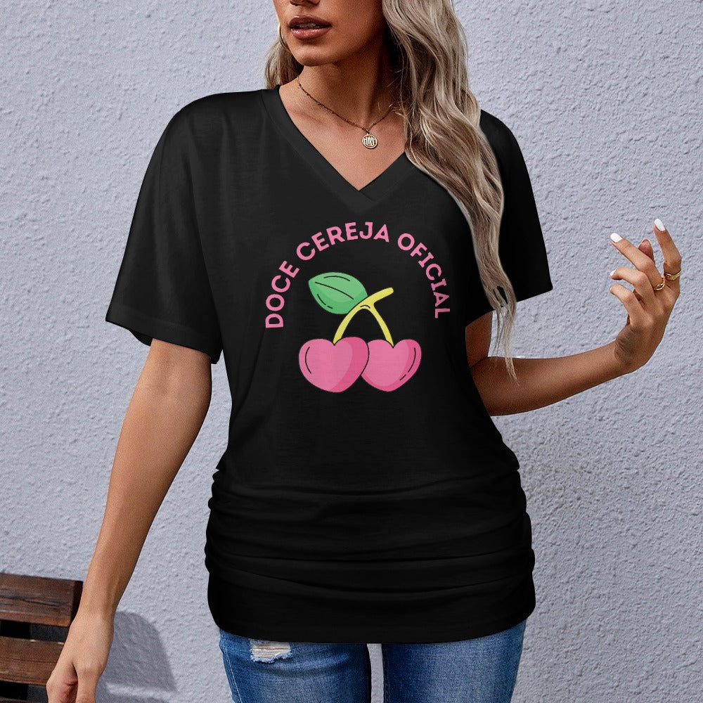 V-Neck Pleated T-Shirt  Doce Cereja Oficial