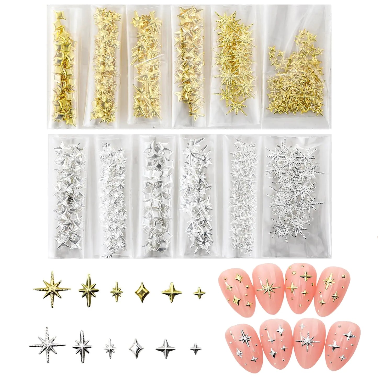 ✨ 850PCS Star Nail Charms – Gold & Silver 3D Nail Gems for Bling Acrylic Nails ✨