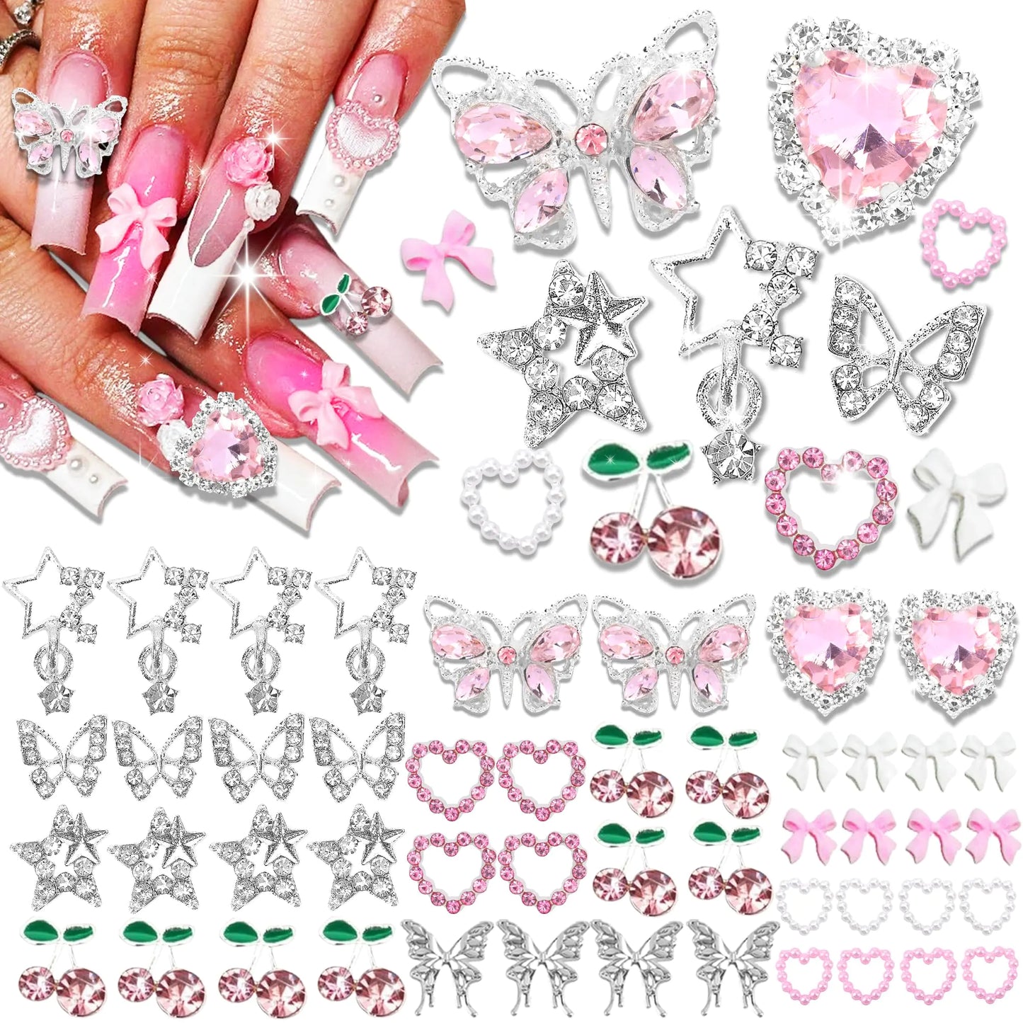 💖 68PCS Y2K Nail Charms – Pink Hearts, Bows, Butterflies & More for Trendy Nail Art 💖