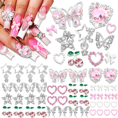 ✨ 68PCS Y2K Nail Charms  Pink Hearts, Bows, Pearls & More for Trendy Nail Art ✨