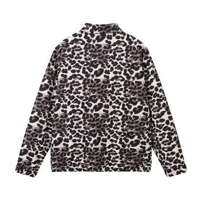 Women's Retro Leopard Print Jacket Casual Loose-Fit Cotton Jacket with Zipper and Pockets