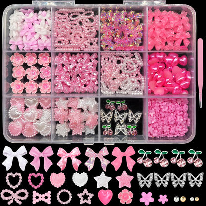 🎀 600PCS 3D Nail Charms Set  Pink & White Bows, Pearls, Butterflies & More for Stunning Nail Art 🎀