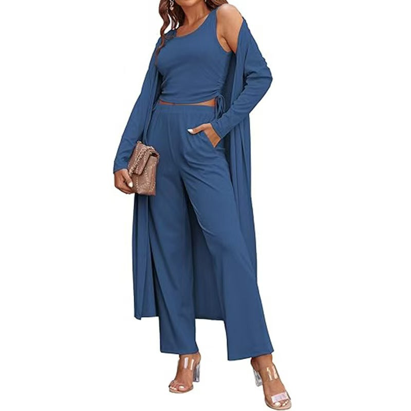 Women's 3-Piece Knit Set Long Cardigan, Drawstring Pants & Vest for Effortless Elegance