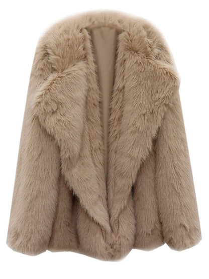 Women's Faux Fur Coat  Mid-Length Loose-Fit Winter Jacket with Lapel Collar