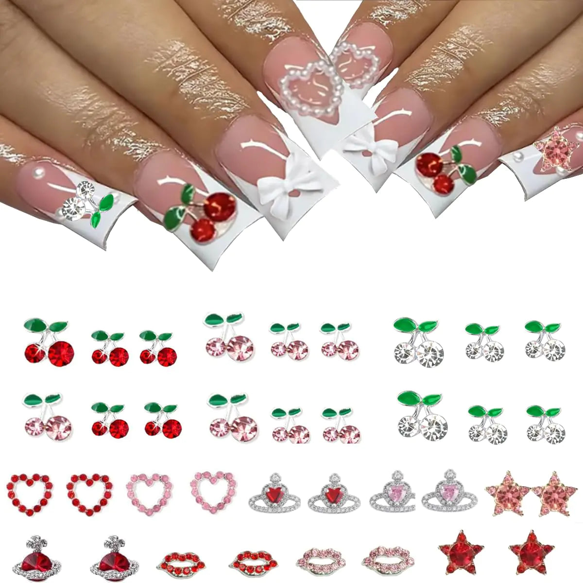 🍒 30PCS 3D Cherry Nail Charms  Adorable Rhinestone Nail Gems for Cute & Stylish Nails 🍒