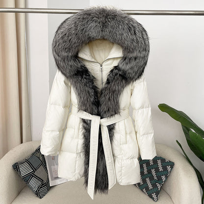 Hooded down jacket women's fox fur collar