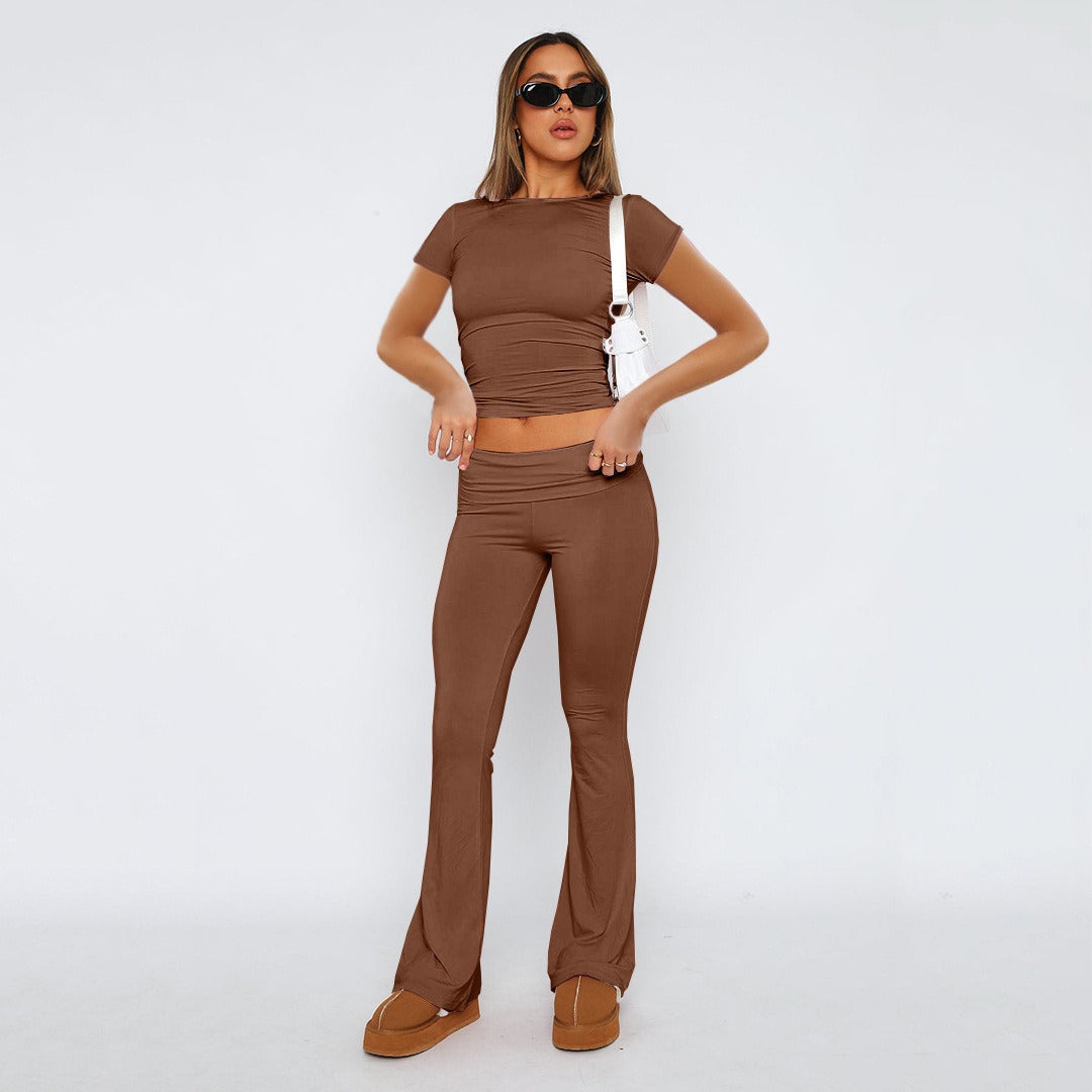 Women's Solid Color Flare Pants Set  Stylish Low-Waist Slimming Outfit for a Trendy Look