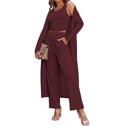 Women's 3-Piece Knit Set Long Cardigan, Drawstring Pants & Vest for Effortless Elegance