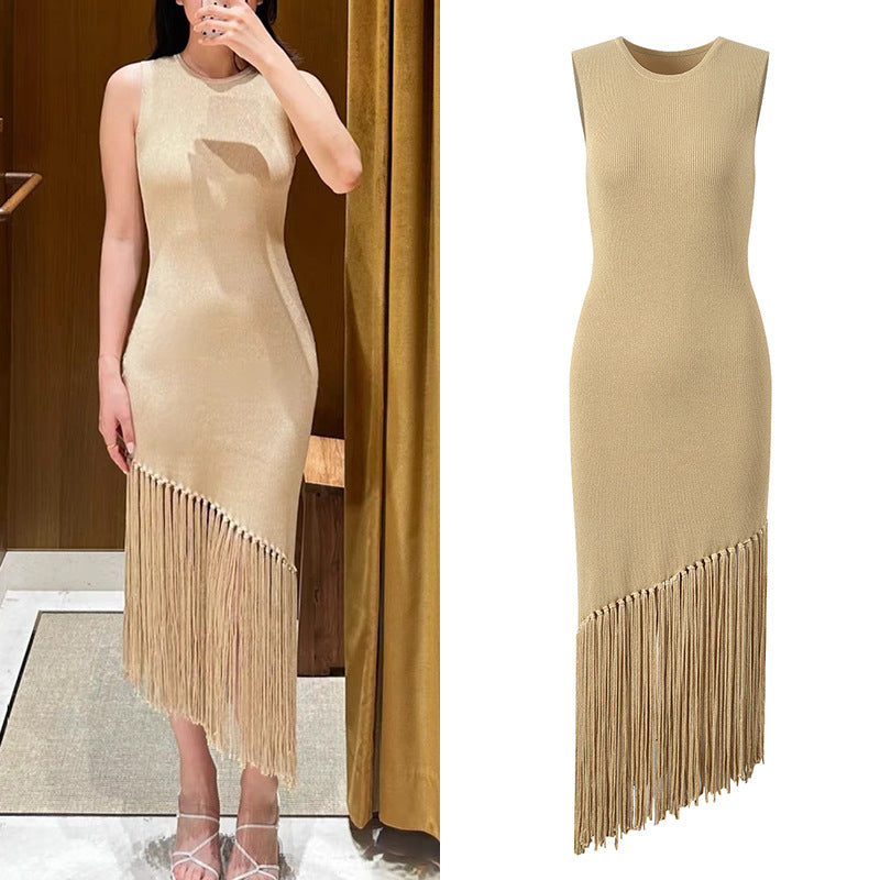 Women's Sleeveless Knitted Maxi Dress Elegant Tassel-Edge Wrap Dress in Ice Silk