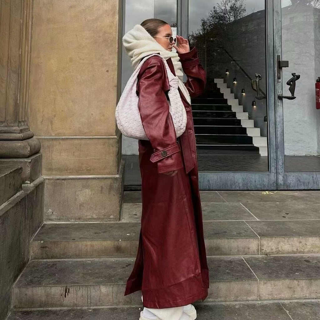 Women's Plus Size Long Leather Trench Coat  Elegant and Casual PU Windbreaker Jacket