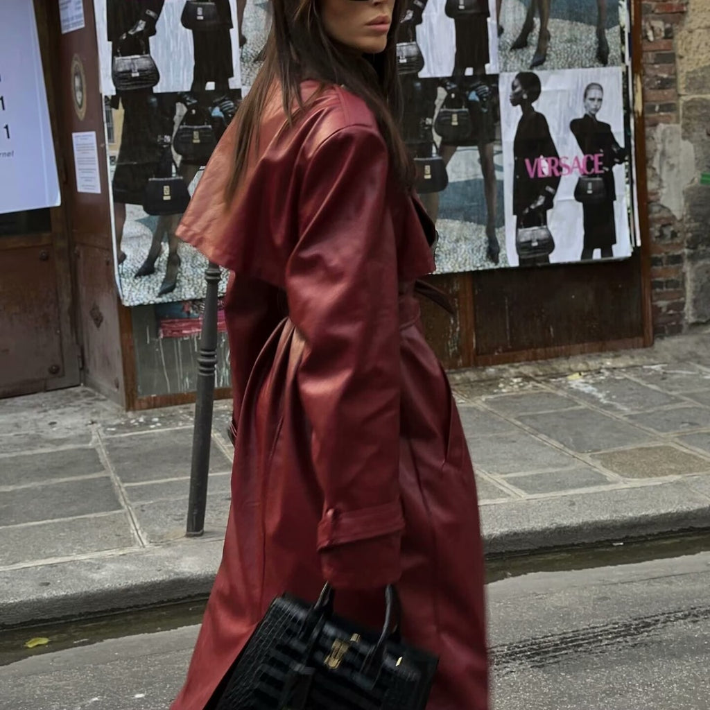 Women's Plus Size Long Leather Trench Coat  Elegant and Casual PU Windbreaker Jacket