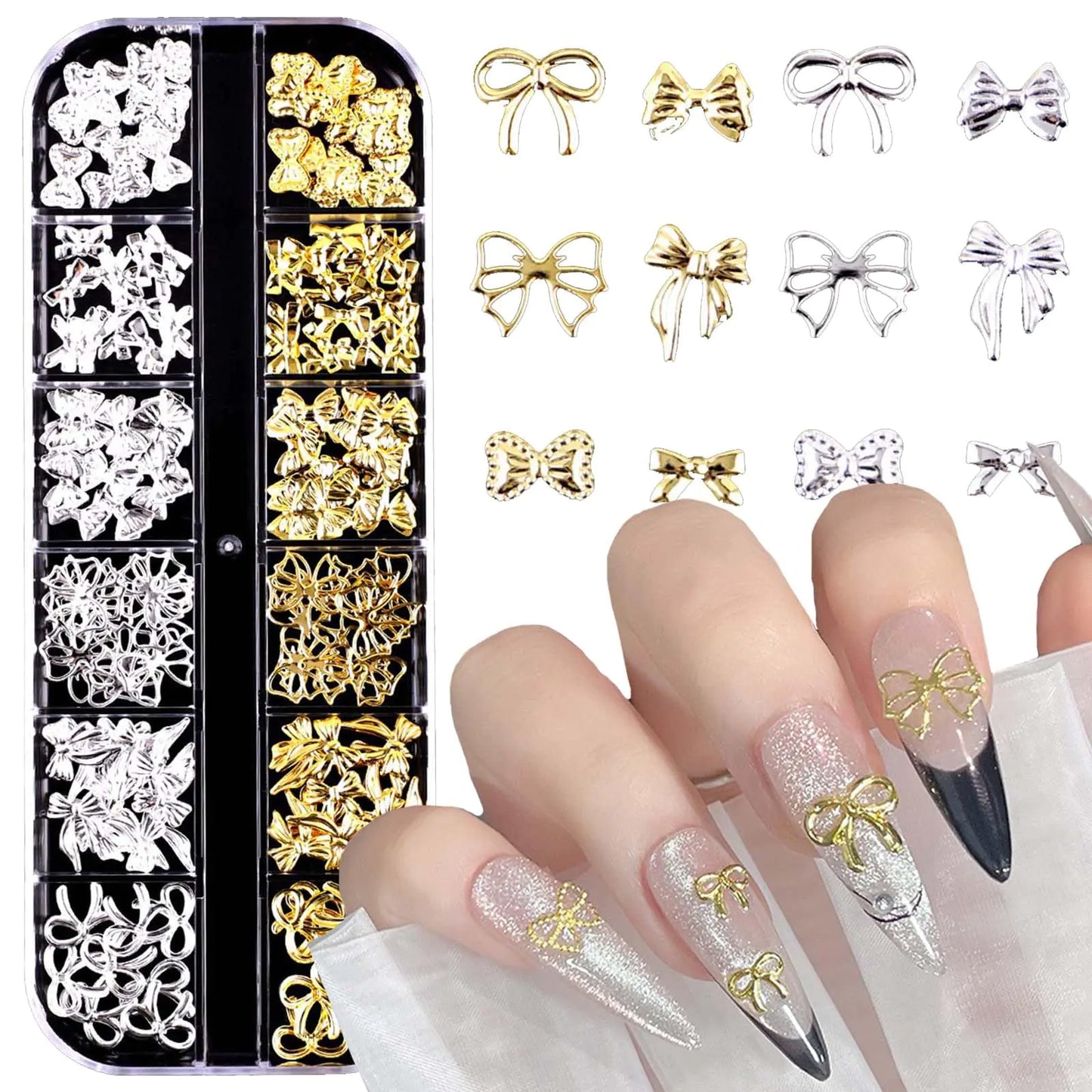 🎀 Mixed Gold & Silver Bow Nail Charms  3D Rhinestone Nail Decorations for Chic Manicures 🎀