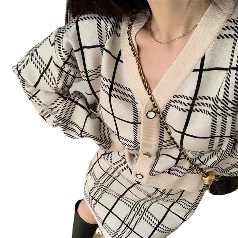 Women's Checkered Knitted Two-Piece Set Chic Long-Sleeve Sweater & Short Skirt Outfit