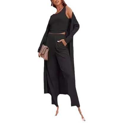 Women's 3-Piece Knit Set Long Cardigan, Drawstring Pants & Vest for Effortless Elegance