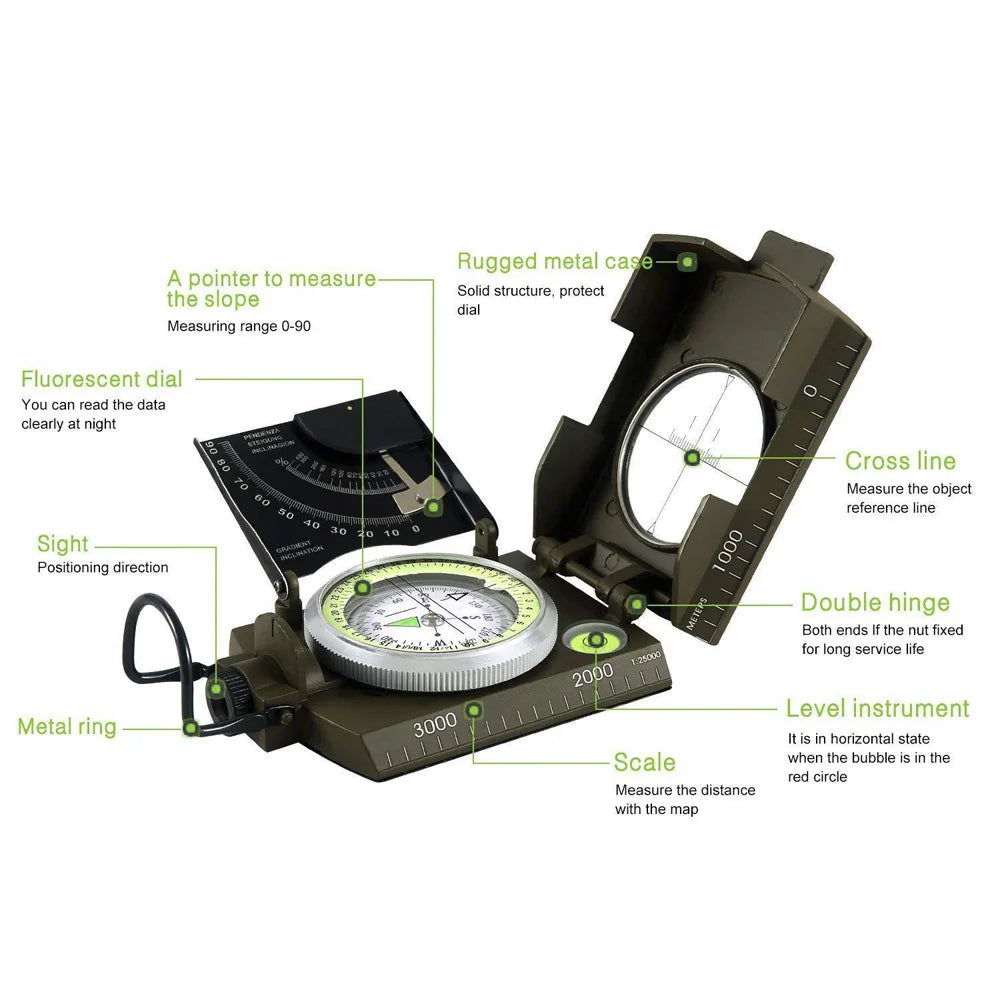 High Precision Military Compass for Outdoor Survival Camping Waterproof Metal with Fluorescent Geological Features