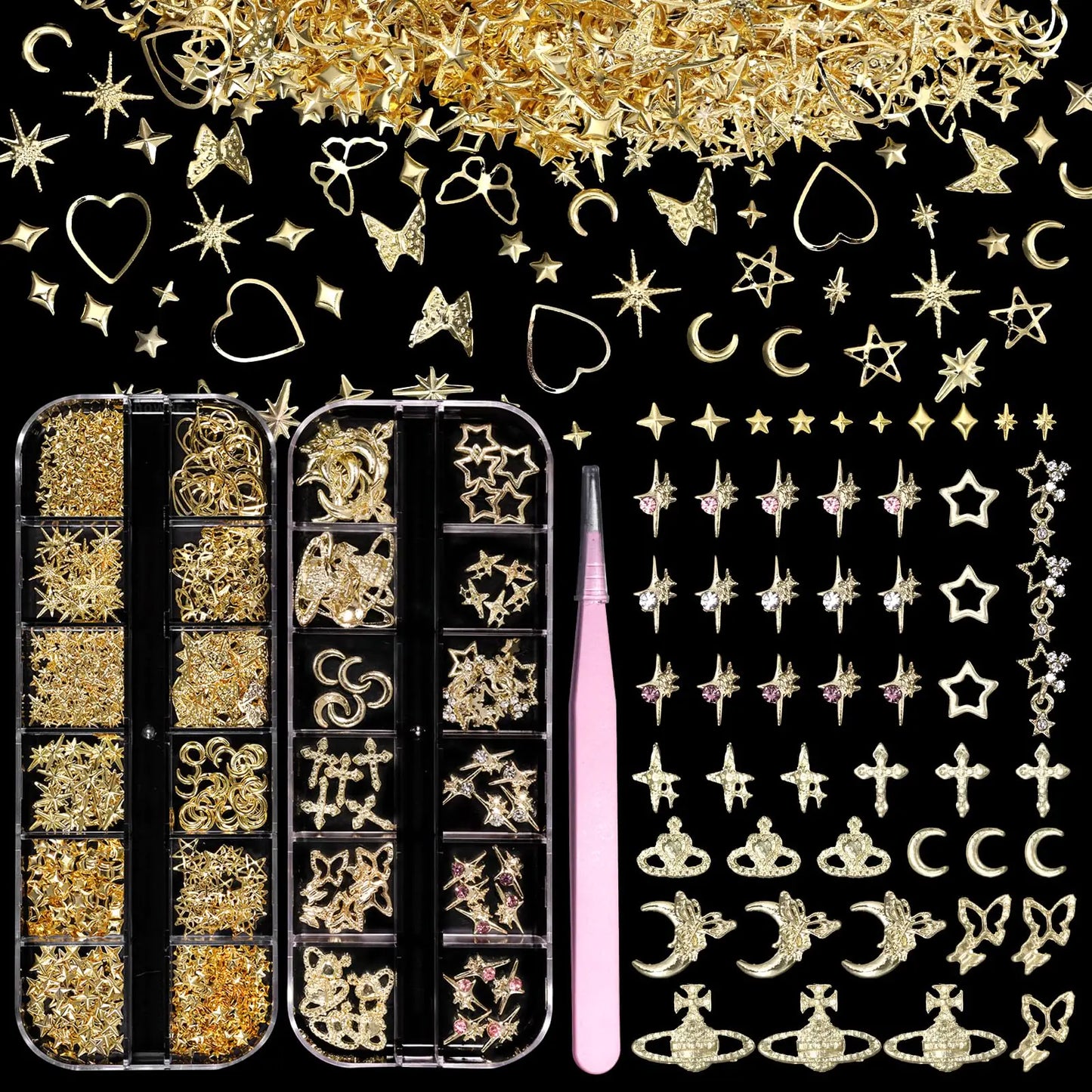 ✨ 2 Boxes 300PCS Gold Nail Charms – Stars, Crosses, Butterflies & More for Luxurious Nail Art ✨