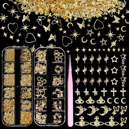 ✨ 2 Boxes 300PCS Gold Nail Charms – Stars, Crosses, Butterflies & More for Luxurious Nail Art ✨