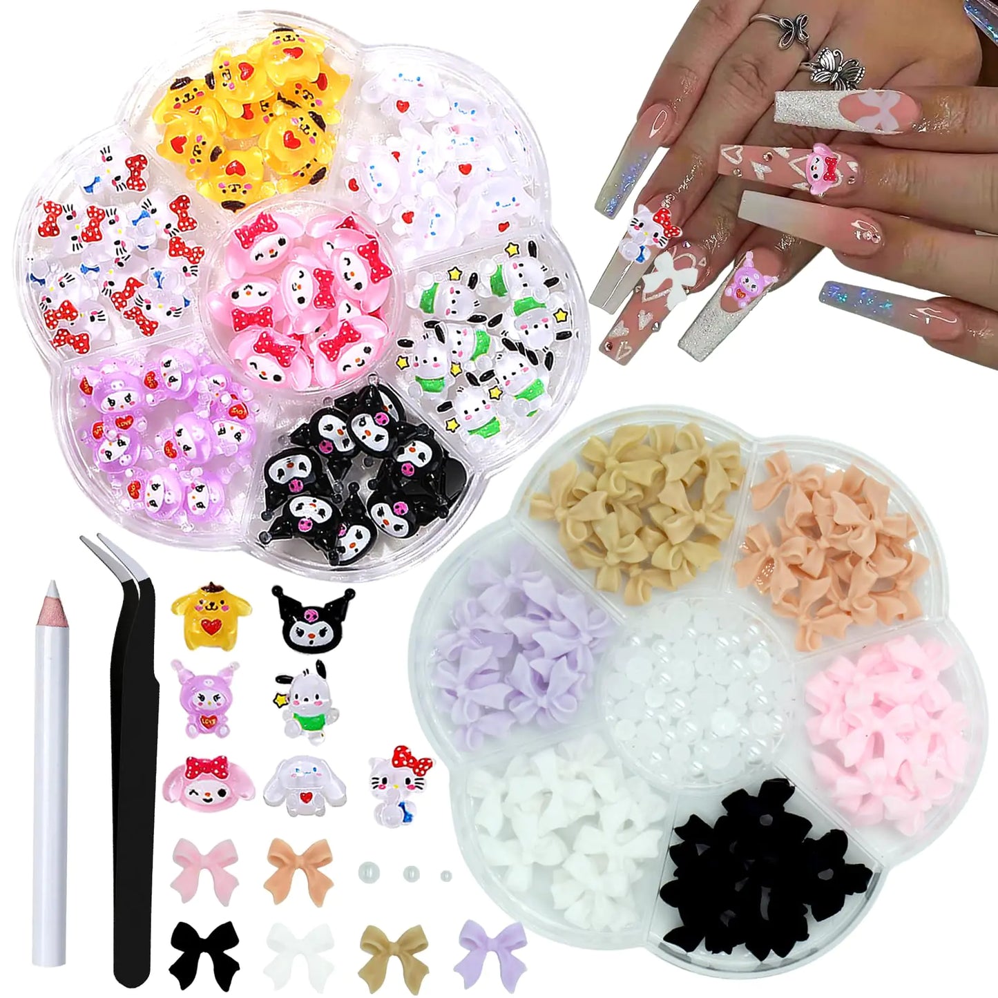 💎 2 Boxes Nail Charms & Gems – 140PCS 3D Rhinestones & Bow-Knot Nail Studs for DIY Nail Art 💎