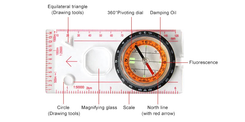 Portable Magnifying Compass Ruler Military Grade for Outdoor Hiking Camping Race Measure Map Scale