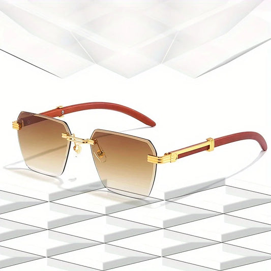 Retro Borderless Sunglasses - Imitation Woodgrain Square Frame