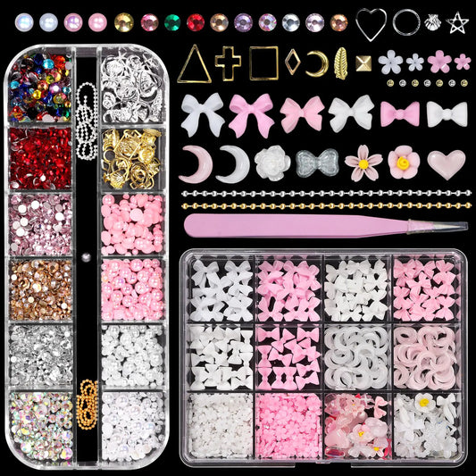 💖 2 Boxes Pink & White 3D Nail Charms  Bow, Moon & Flower Nail Gems 💖