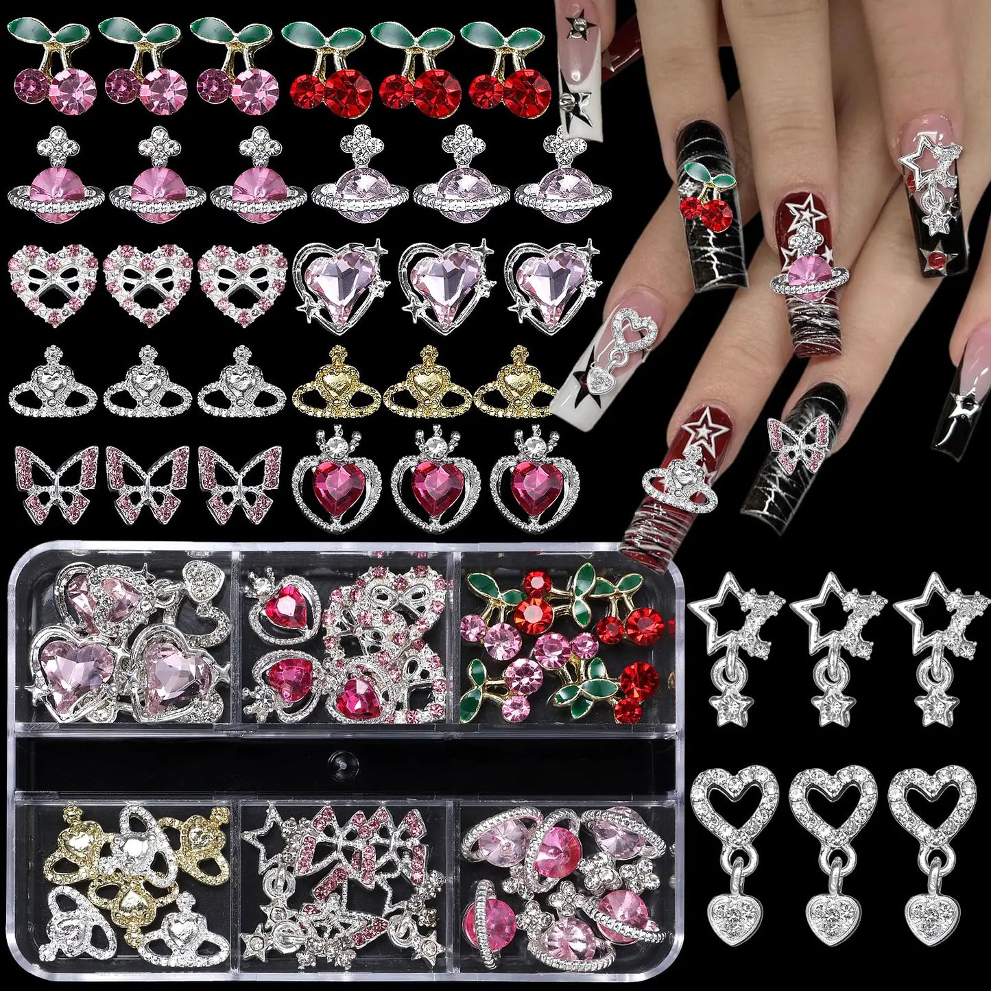 💖 36PCS Valentine’s Day Heart Nail Charms – 3D Rhinestone Gems & Dangle Nail Jewelry 💖