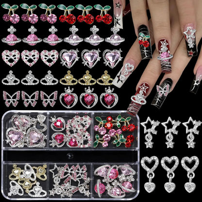 💖 36PCS Valentine’s Day Heart Nail Charms – 3D Rhinestone Gems & Dangle Nail Jewelry 💖