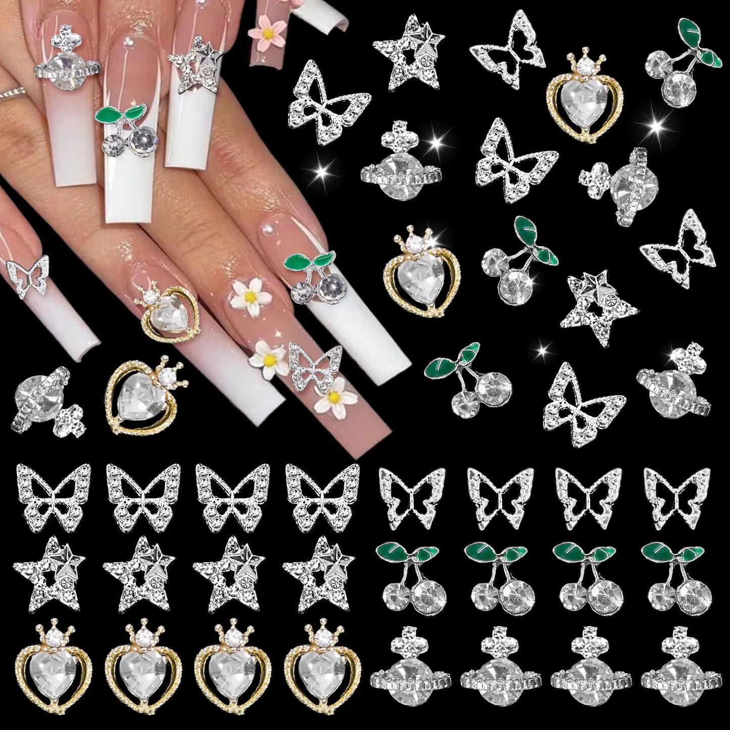 ✨ 48PCS 3D Butterfly & Cherry Nail Charms  Silver Crystal Rhinestones for DIY Nail Art ✨